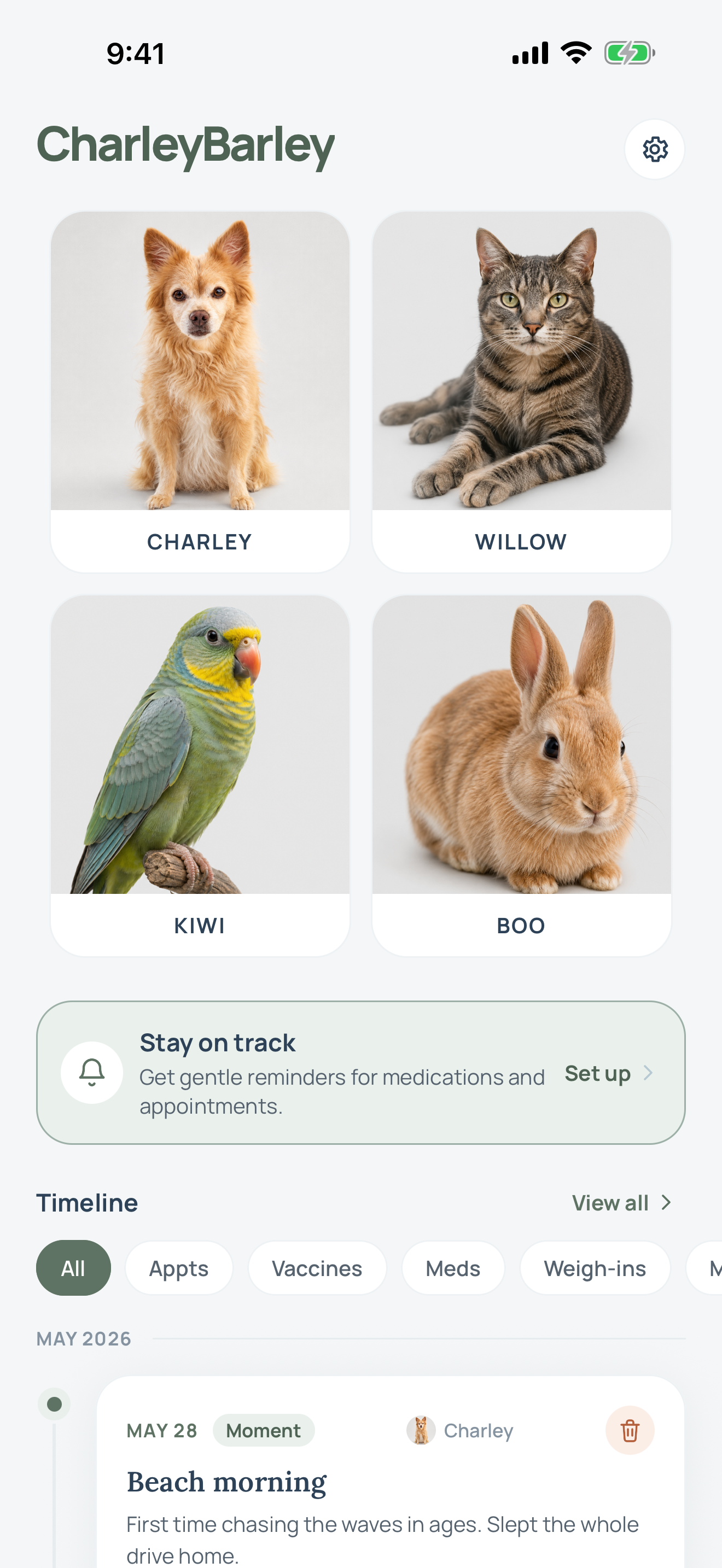 charleybarley dashboard with pet profiles, reminders, and timeline