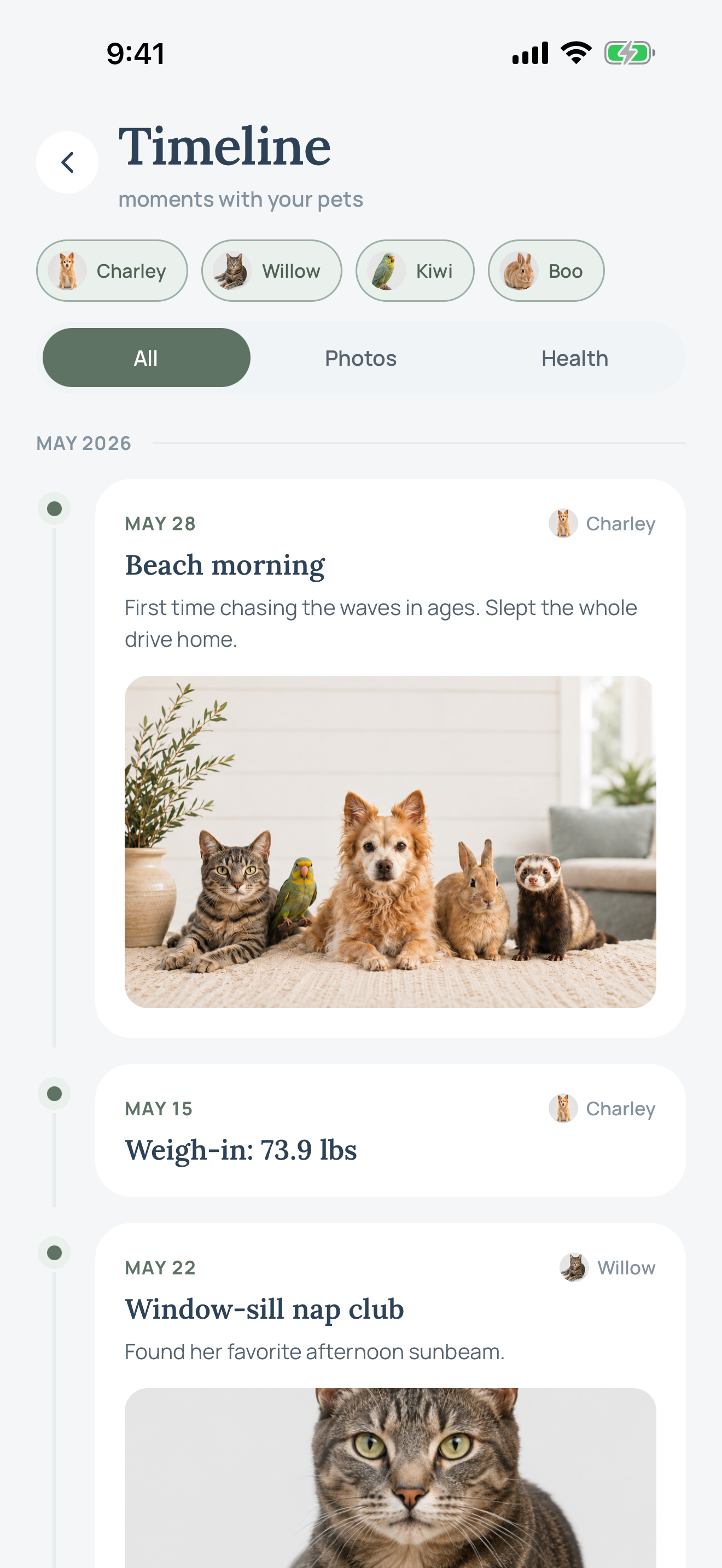 The CharleyBarley timeline showing health updates and memories for each pet