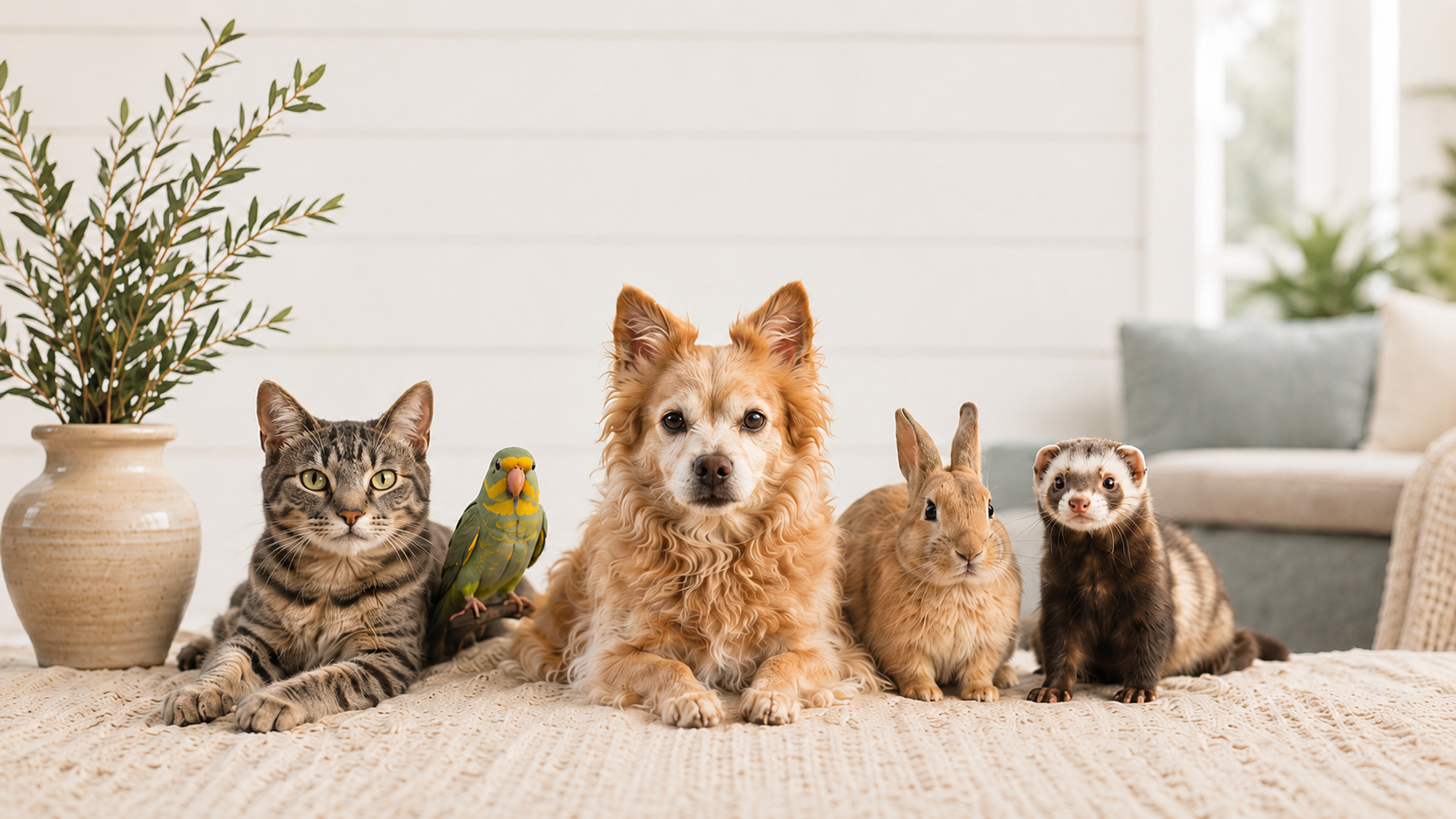 A dog, cat, parrot, rabbit and ferret resting together at home